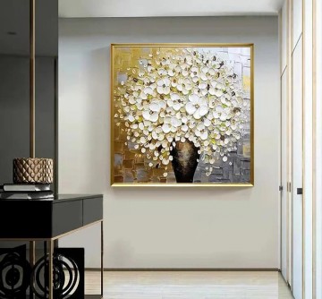 Flowers Painting - White Flower Vase by Palette Knife wall decor